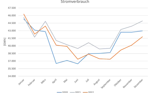 Linien-Diagramm zeigt Stromverbrauch in GWh für Deutschland 2020-2022. Die Prognose für den Strombedarf Deutschlands zeigt saisonale Schwankungen.