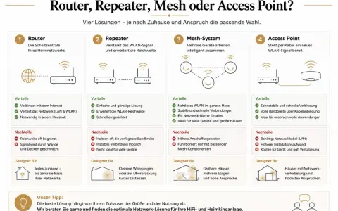 Vergleich von Router, Repeater, Mesh & Access Point: So kann man sein Internet verbessern. Die Grafik zeigt vier Lösungen für das Heimnetzwerk.