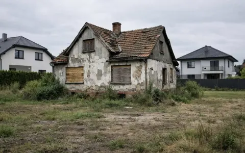 Zrujnowany dom, wpisany do rejestru zabytków, stoi pośród chwastów, otoczony nowoczesnymi budynkami.