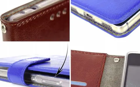 Eleganckie etui na telefon LG K51S z klapką, wykonane z brązowej i niebieskiej skóry ekologicznej.