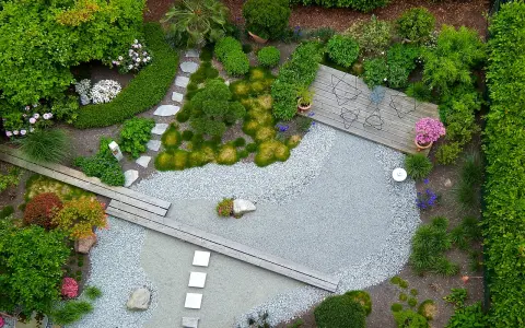 Ein moderner japanischer Garten mit Kieswegen, Holzdecks und üppiger Bepflanzung. Tolle tipps zur gartengestaltung für eine ruhige Oase.