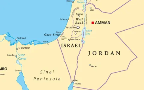 Mapa Izraela, Jordanii i części Egiptu. Czy wyjazd do Ziemi Świętej jest bezpieczny? Mapa pokazuje Strefę Gazy, Zachodni Brzeg, Kanał Sueski.