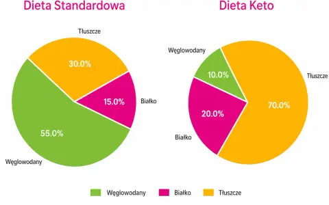 Porównanie diety standardowej (55% węglowodanów) i keto (70% tłuszczu). Czy dieta keto jest zdrowa? Wykresy pokazują różnice w proporcjach makroskładników.