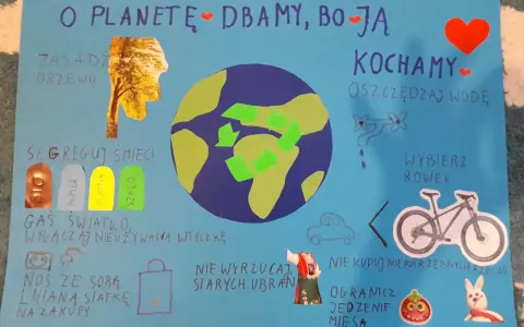 Plakat "Jak chronić środowisko" pokazuje, jak dbać o planetę: segreguj śmieci, oszczędzaj wodę, wybieraj rower.