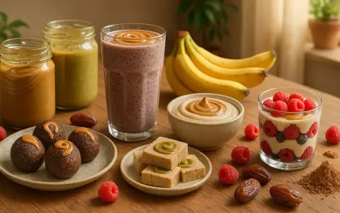 Zdrowe słodkości: batony, smoothie, deser z malinami i borówkami. Idealne, by czym słodzić deser zamiast cukru, używając daktyli i masła orzechowego.