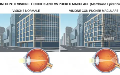 Confronto tra visione normale e pucker maculare, con illustrazioni di edifici e occhi. La terapia farmacologica è una delle opzioni.
