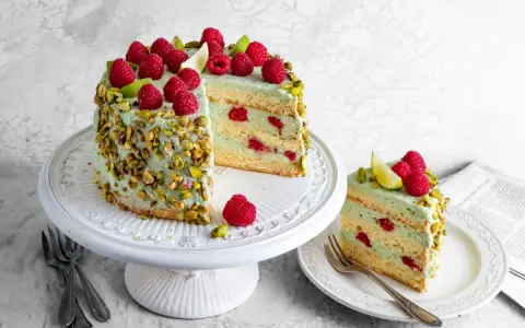 Wyjątkowy tort pistacjowy z malinami i limonką, ozdobiony chrupiącymi pistacjami. Idealny na każdą okazję.