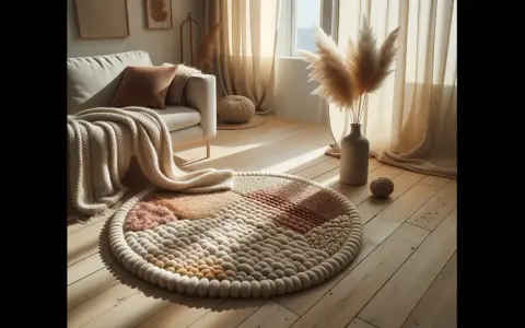 En rund ullmatta med olika texturer och färger ligger på ett trägolv. En stickad pläd ligger över en soffa i bakgrunden.