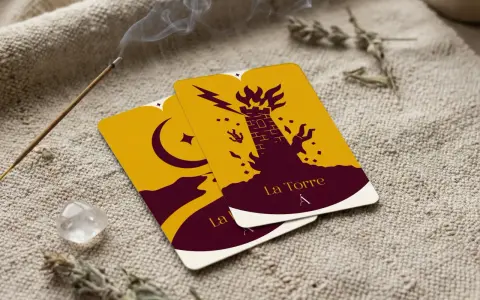 Cartas de tarot "La Torre" y "La Luna" sobre tela rústica, con incienso humeante y un cuarzo.