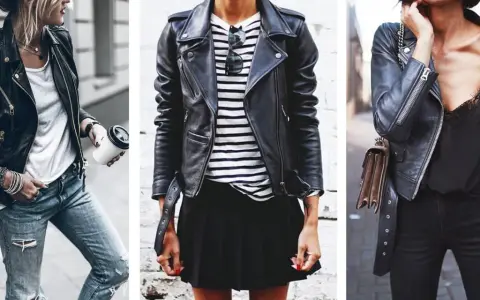 Tre modi per indossare una giacca di pelle: con jeans strappati, gonna a pieghe o pantaloni neri. Perfetta per ogni occasione.