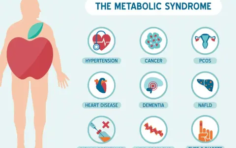 Ilustracja przedstawia czynniki ryzyka zespołu metabolicznego: nadciśnienie, choroby serca, oporność na insulinę, raka, demencję, problemy z lipidami, PCOS i cukrzycę typu 2.