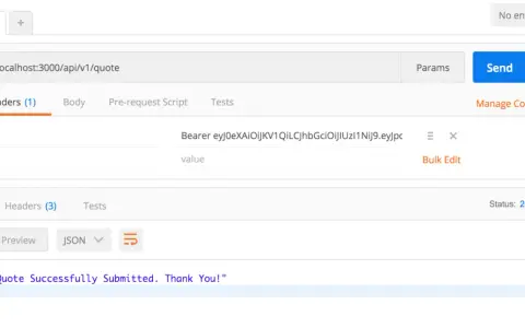 POST-Anfrage an den rest endpoint `/api/v1/quote` mit JSON-Body und erfolgreicher Antwort "Quote Successfully Submitted. Thank You!".