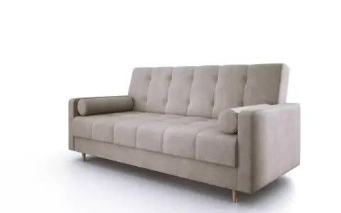 Beżowa sofa z pikowanymi poduchami i wałkami, gotowa do rozłożenia. Mechanizm rozkładania sofy jest intuicyjny.