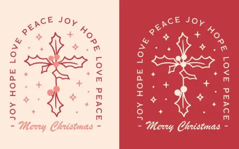 Zwei Weihnachtsgrafiken mit Mistelzweigen, Sternen und den Worten "Joy Hope Love Peace" sowie "Merry Christmas".
