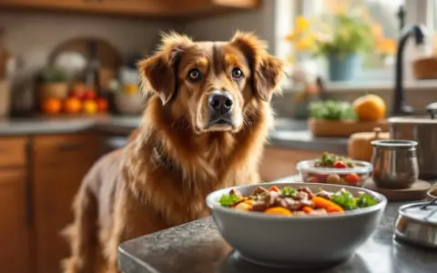 Un golden retriever attend patiemment sa nourriture, un plat appétissant de viande et de légumes est posé sur le comptoir de la cuisine.