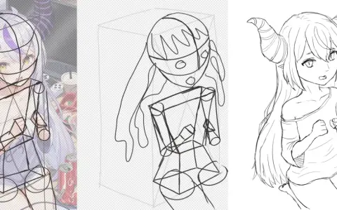 Tre steg för att rita en anime-karaktär med horn. Skiss, skelett och färdig teckning. Bra bilder att rita för övning.