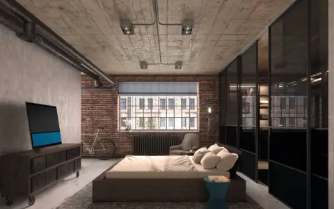 Camera da letto in stile industrial chic con pareti in mattoni, soffitto in cemento a vista e armadio con ante in vetro.