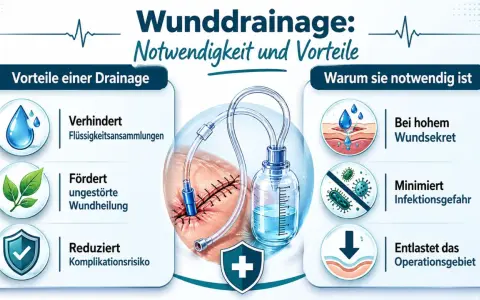 Medizinische Wunddrainage: Vorteile wie Verhinderung von Flüssigkeitsansammlungen, Förderung der Heilung und Reduzierung von Komplikationen. Sie ist bei hohem Wundsekret, zur Minimierung von Infektionen und zur Entlastung des Operationsgebiets notwendig.