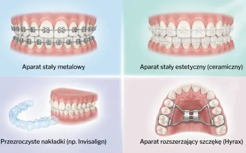 Korekcja zgryzu krzyżowego: aparaty metalowe, estetyczne, nakładki Invisalign i aparat Hyrax do rozszerzania szczęki.