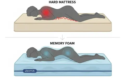 Comparaison de matelas : un matelas dur cause des douleurs (rouge) tandis qu'un matelas en mousse à mémoire de forme offre un soutien optimal (bleu), évitant les mauvais matelas symptômes.