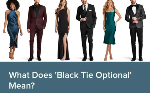 Six people in formal wear, including a burgundy black tie optional suit, a black suit, and elegant dresses, stand against a white background.