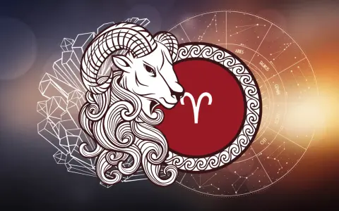 Baran jaki żywioł – symbol zodiaku z ozdobną grzywą i rogami, otoczony kryształami i kołem zodiaku.
