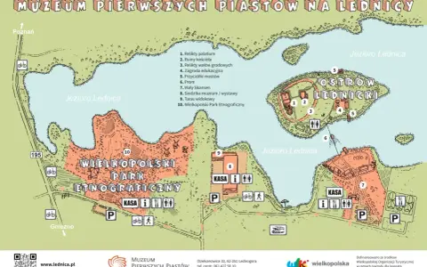 Mapa Muzeum Pierwszych Piastów na Ostrowie Lednickim. Widoczne jezioro, grodzisko, skansen i ścieżki.