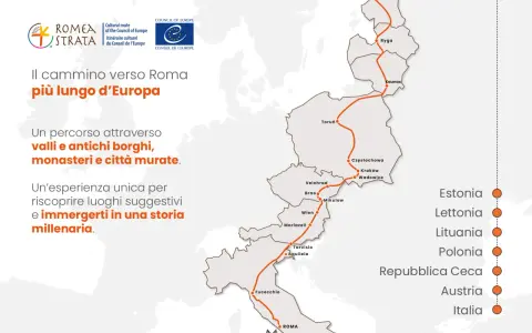 La mappa illustra la **strada Romea**, il cammino più lungo d'Europa, da Tallinn a Roma, passando per Polonia, Austria e Italia.