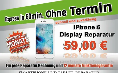Ein weißes iPhone mit gesprungenem Display, daneben ein Angebot für iPhone 6 Display Reparatur für 59€.