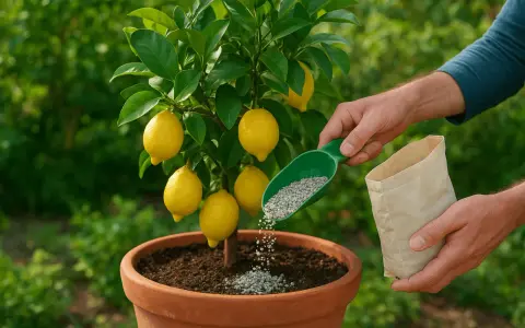 Mani che aggiungono fertilizzante a un limone in vaso. Il momento giusto per concimare il limone è fondamentale per frutti succosi.
