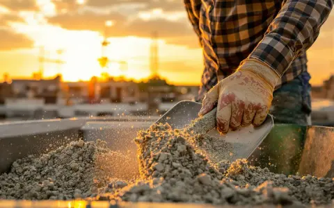 Main d'un ouvrier en plein travail, manipulant du sable et des graviers pour le dosage béton. Le soleil couchant illumine la scène.