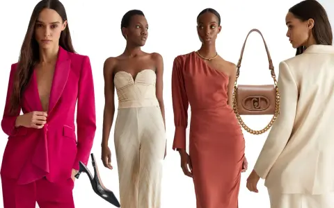 Idee eleganti per un battesimo: tailleur fucsia, jumpsuit dorata, abito monospalla e tailleur avorio.