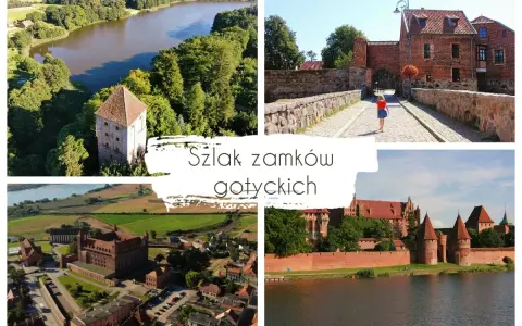 Odkryj najpiękniejsze zamki na Pomorzu. Kolaż przedstawia gotyckie twierdze, w tym zamek w Malborku, otoczone zielenią i wodą.