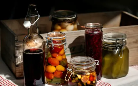 Här är en samling konserverade godsaker, redo att njutas. Att sterilisera glasburkar är nyckeln till att bevara dessa smaker.