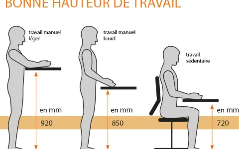 Illustration montrant la hauteur idéale pour le travail manuel léger (920 mm), le travail manuel lourd (850 mm) et le travail sédentaire (720 mm) pour une personne assise.