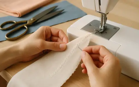 Manos cosiendo tela con puntada zigzag, aprendiendo trucos de costura a mano. Tijeras y telas a un lado.