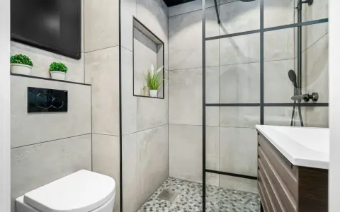 Mampara de ducha con diseño de ventana, separando el espacio de la ducha. Baño moderno con inodoro y lavabo.