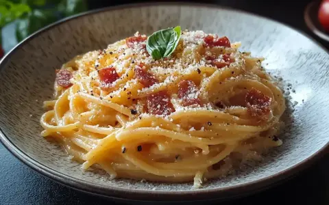 Pyszna carbonara z boczkiem i parmezanem, posypana świeżo mielonym pieprzem. Idealny przepis na szybki obiad.