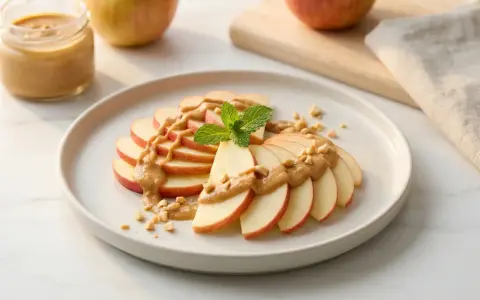Ein gesunder Snack: Apfelscheiben mit cremiger Erdnussbutter und gehackten Nüssen, garniert mit Minze.