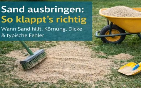 Sand gegen Moos im Rasen: Eine Schubkarre voller Sand, Besen und Schaufel liegen bereit.