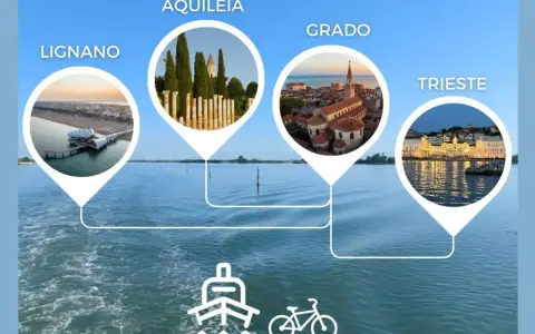 Esplora il Friuli Venezia Giulia via mare: Lignano, Aquileia, Grado e Trieste. Icone di nave e bici suggeriscono itinerari.