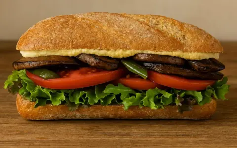 Un delicioso sandwich saludable con champiñones portobello, tomate, lechuga y pimientos verdes en pan rústico.