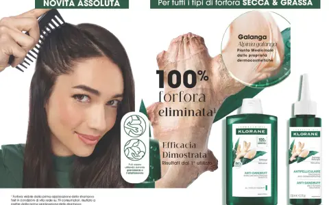 Capelli appena lavati senza forfora, grazie al trattamento Klorane con Galanga. Efficacia dimostrata dal primo utilizzo.