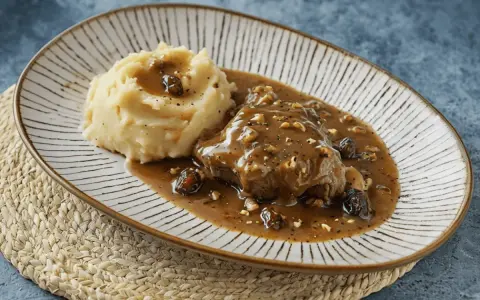 Carrilleras de ternera en salsa de vino tinto con puré de patatas.