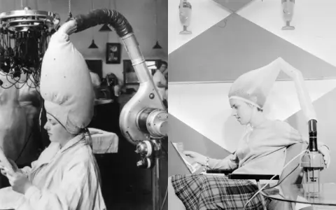 Donne con cuffie e tubi per asciugare i capelli, un modo per capire come si asciugavano i capelli prima del phon.