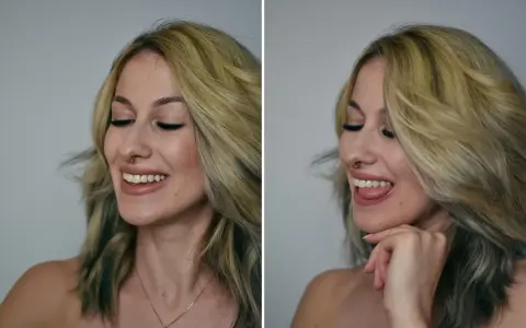 Uśmiechnięta kobieta z blond włosami i złotym kolczykiem w nosie (nasallang piercing). Na drugim zdjęciu pokazuje język.