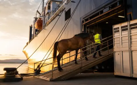 Un cheval brun monte une rampe vers un navire, guidé par un homme en gilet jaune. Le transport de chevaux se fait au coucher du soleil.