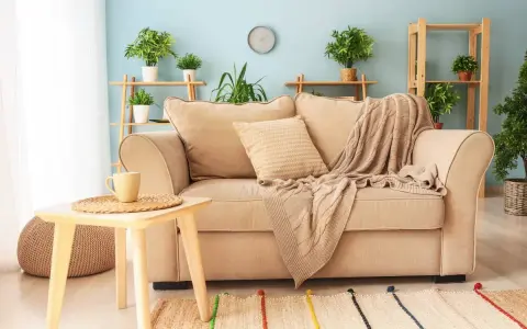 Un plaid douillet drapé sur un canapé beige, invitant à la détente. Idéal pour savoir comment mettre un plaid sur un canapé avec style.