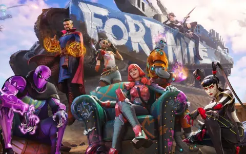 Postacie z gry Fortnite, w tym Doktor Strange i fioletowy Spider-Man, pozują na tle ogromnego napisu "FORTNITE".