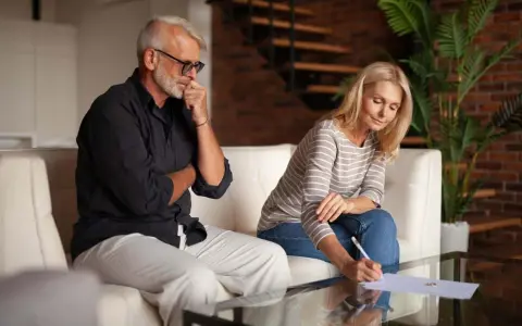 Un couple signe des documents, peut-être une désolidarisation de bail, dans un salon moderne. L'homme réfléchit, la femme écrit.